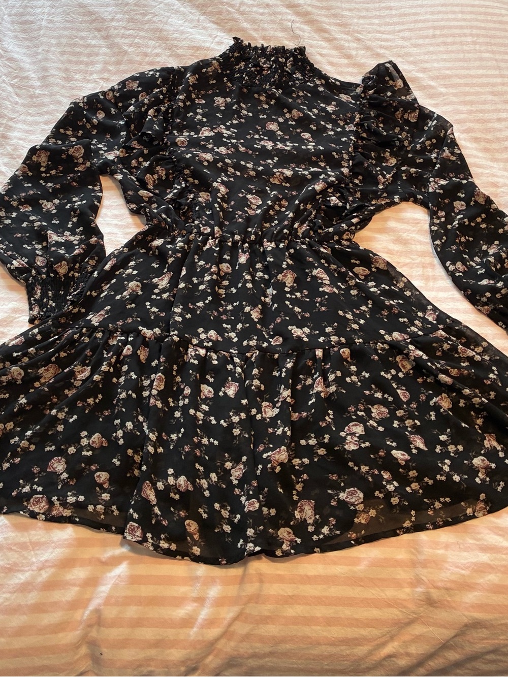 70/21 Black Floral Ruffle Long-Sleeve Mini Dress